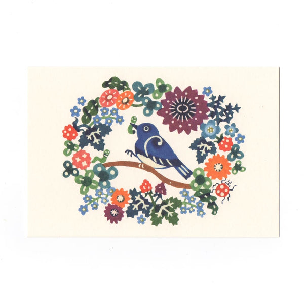 Bird & Flowers Katazome Postcard - Cards Japanese Stationery