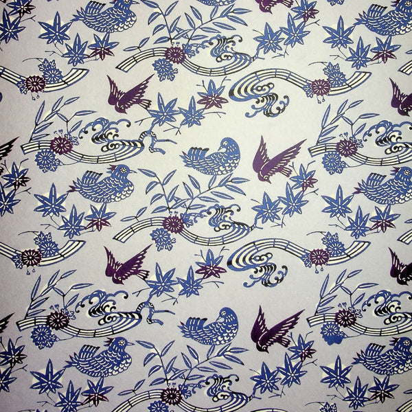 Birds Maple leaf & Flower Blue Paper - 470mm x 620mm - paper Japanese Stationery