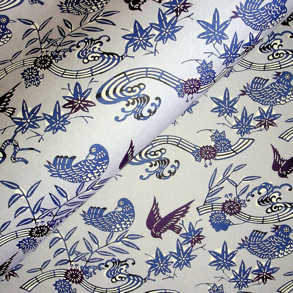 Birds Maple leaf & Flower Blue Paper - 470mm x 620mm - paper Japanese Stationery