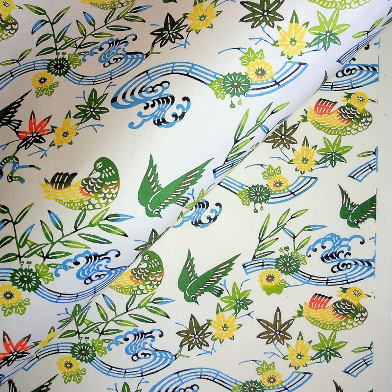 Birds Maple leaf & Flower Green Katazome Paper - 470mm x 620mm - paper Japanese Stationery