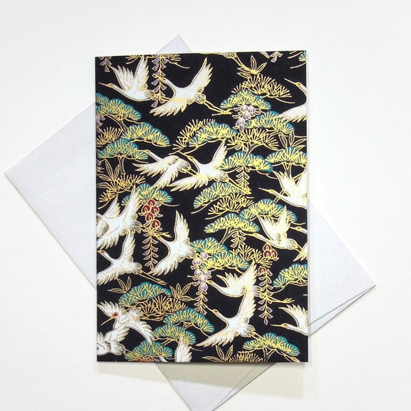 Handmade Chiyogami Black Crane Greeting Card - Cards Japanese Stationery