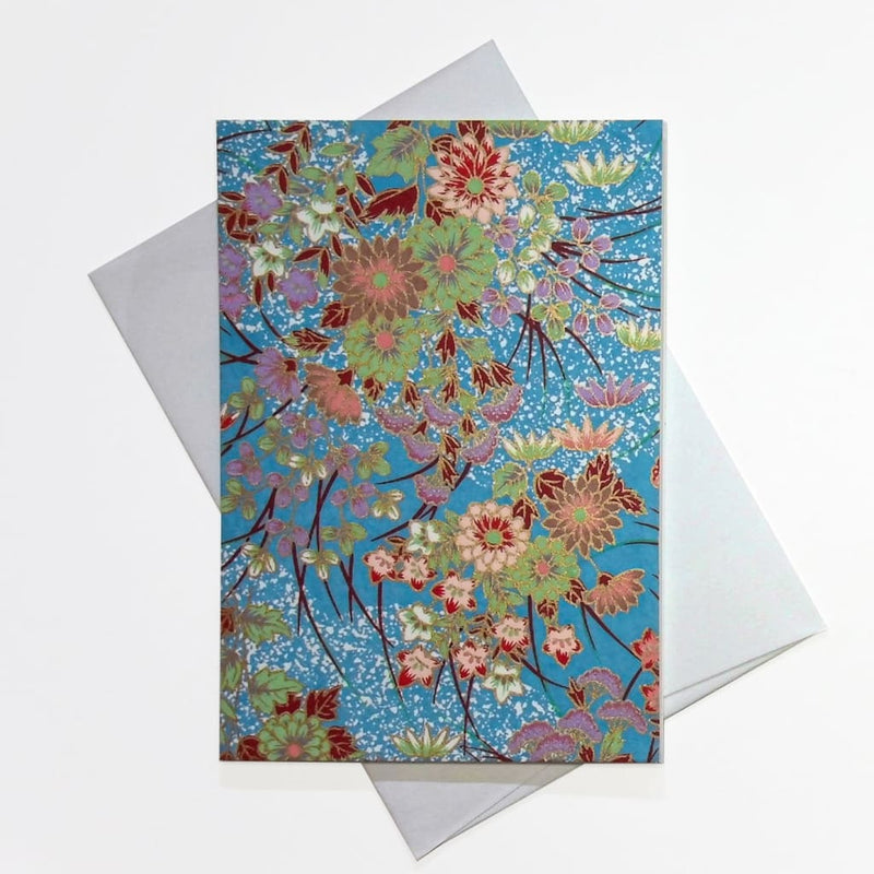 Handmade Chiyogami Blue floral Greeting Card - Cards Japanese Stationery