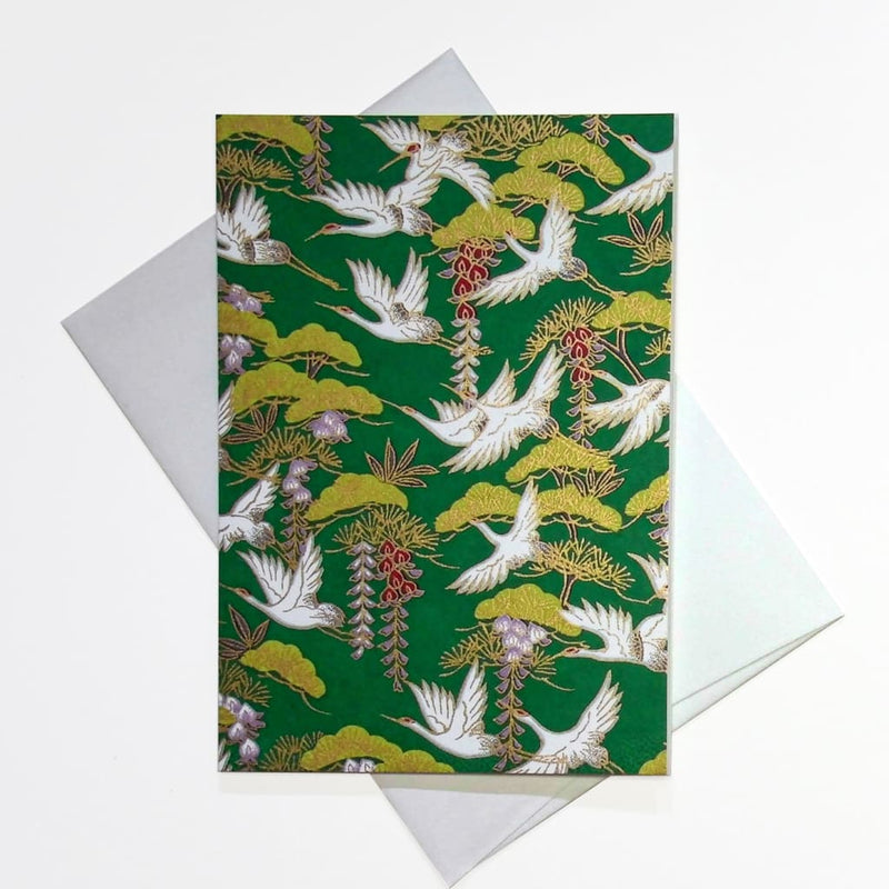 Handmade Chiyogami Green Cranes Greeting Card - Cards Japanese Stationery