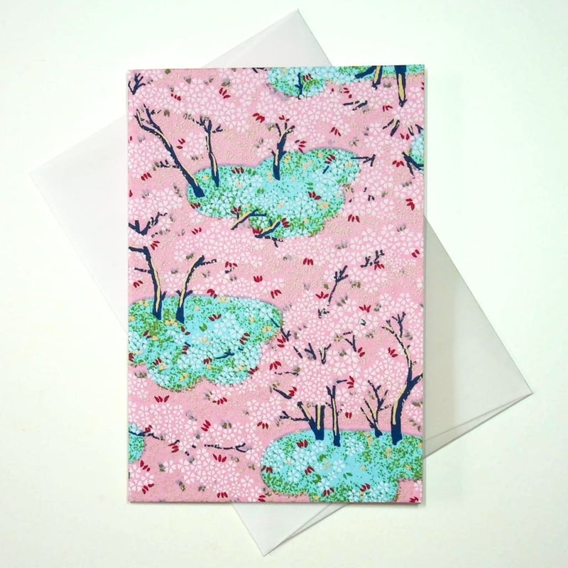 Handmade Chiyogami Pink Blossom Forest Greeting Card - Cards Japanese Stationery