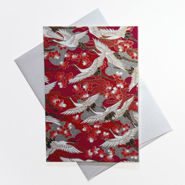 Handmade Chiyogami Red Cranes Greeting Card - Cards Japanese Stationery