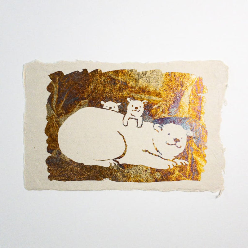 Handmade Gold Polar Bear Metallic Foil Postcard - Cards Japanese Stationery