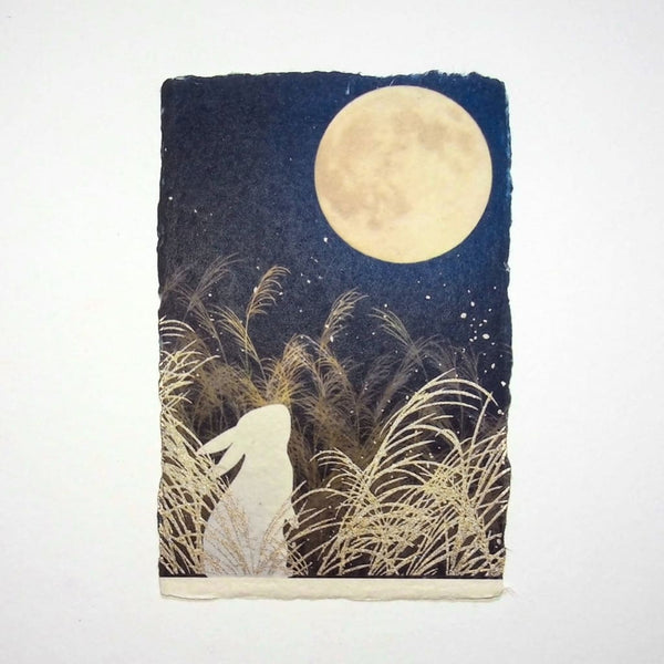 Handmade Rabbit & Moon Metallic Foil Postcard - Cards Japanese Stationery