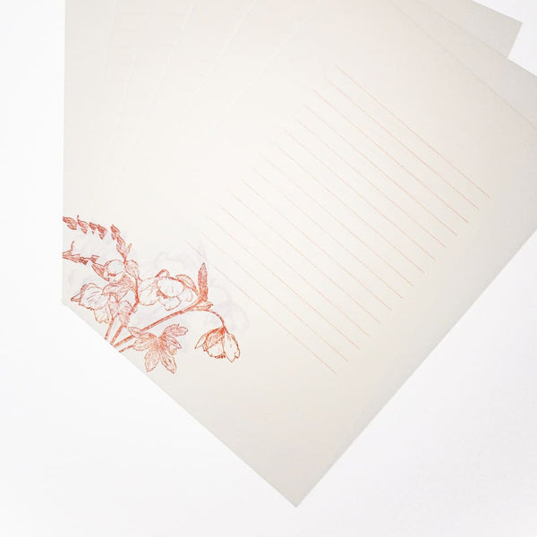 Letterpress Red Hellebore Letter Set. 6 Sheets & 3 Envelopes - Writing Sets Japanese Stationery