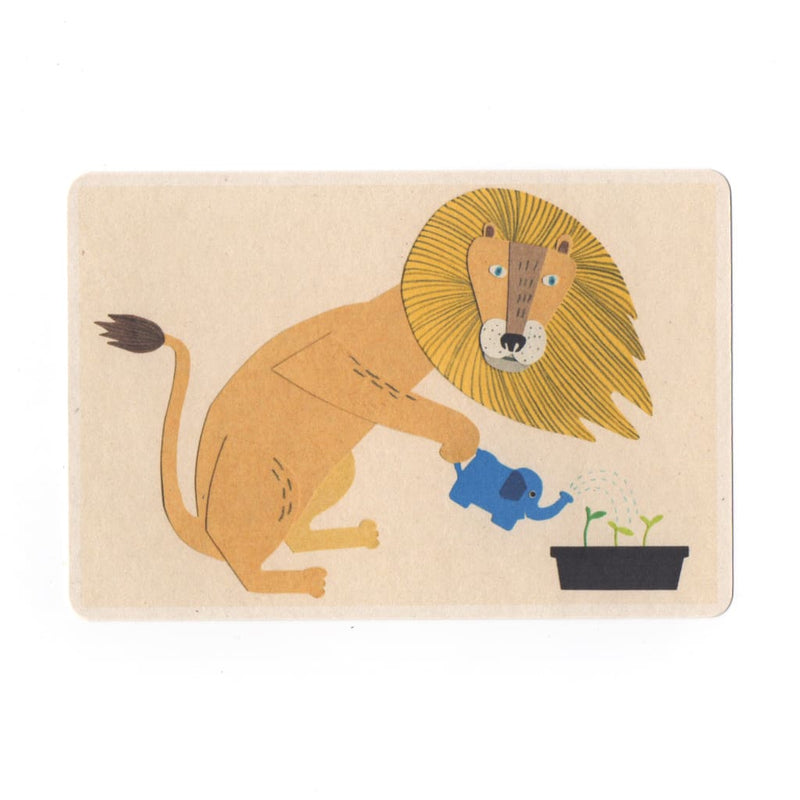 Lion Watering Seedlings Collage Print Postcard - Cards Japanese Stationery