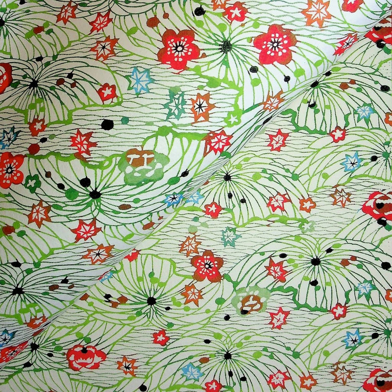 Meadow Flowers Green & Red Katazome Paper - 470mm x 620mm - paper Japanese Stationery