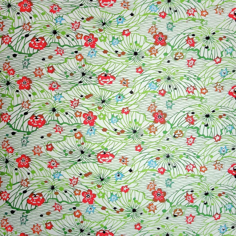 Meadow Flowers Green & Red Katazome Paper - 470mm x 620mm - paper Japanese Stationery