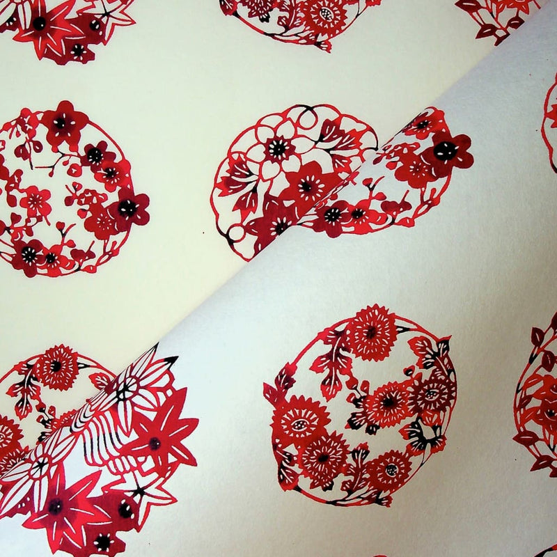 Red Coloured Floral Circle Print - 470mm x 620mm - paper Japanese Stationery